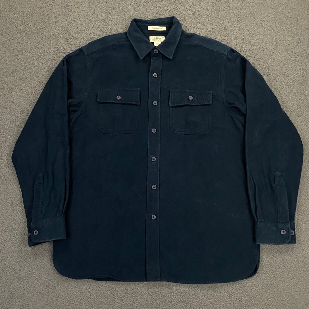 LL Bean Chamois Cloth Shirt Men Large Blue Heavy Cotton Flannel Traditional Fit